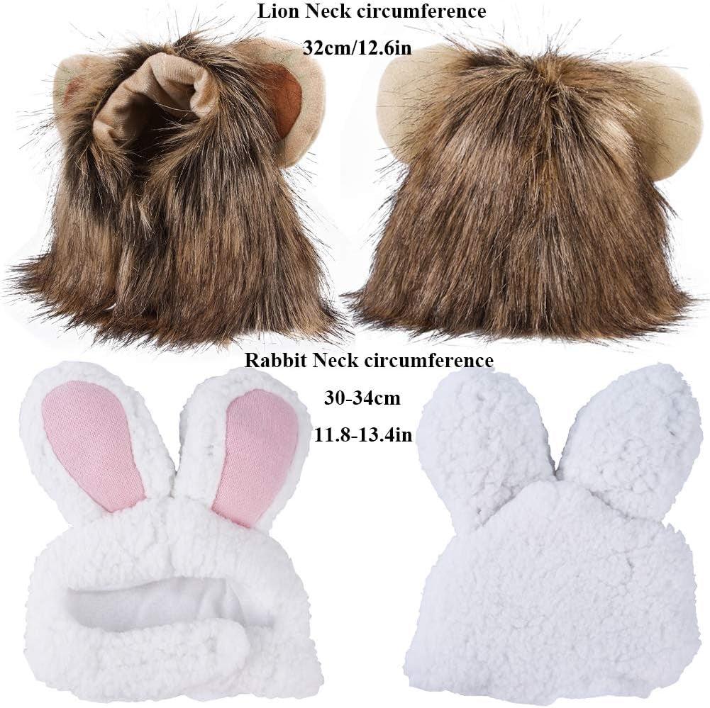 2 Pack Lion Mane Wig Costume for Cat Costume Bunny Rabbit Hat Headwear with Ears Pet Cosplay Dress up Halloween Party Costume Accessories for Cats & Small Dogs